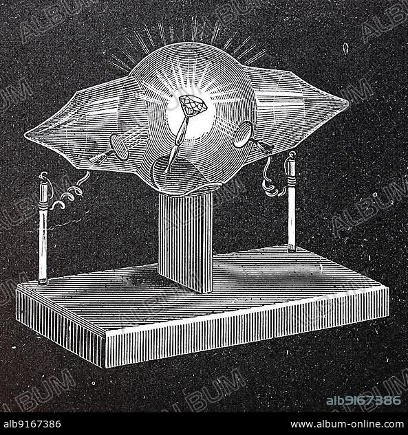 Shadow cross tube, a form of electron tube, invented by the physicist Sir William Crookes in 1879 and therefore also called Crookes tube. It is used for the study of cathode rays, here with a phosphorescent diamond, 1880, Historic, digitally restored reproduction of a 19th century original, exact original date not known.