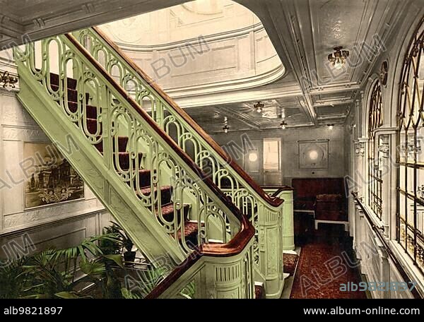 Staircase of the König Albert; Reichspostdampfer of Norddeutscher Lloyd (NDL) built for the line to East Asia operated jointly with Hapag; Germany; Historic; digitally restored reproduction of a photochrome print from the 1890s; Europe.
