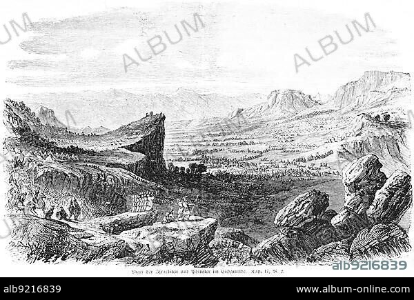 Camp of the Israelites and Philistines in the Eichgrund, landscape, valley Sorek, Teebintental, mountains. Rocks, warriors, Saul, Israel, meet, dispute, fight, tents, army, Bible, Old Testament, First Book of Samuelis, chapter 17, verse 2, historical illustration around 1850, Middle East, Asia.