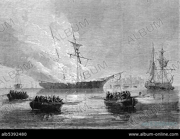 Historical scene, US-American history, 18th century, on 10th June 1772 the British ship Gaspee was burnt down in Narragansett Bay as a sign of civilian resistance against the British authority, Rhode Island, United States, North America.