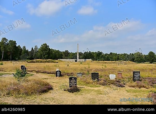 Gravestones, including the gravestone of Anne Frank, Bergen-Belsen Concentration Camp Memorial, Lower Saxony, Germany, Europe.