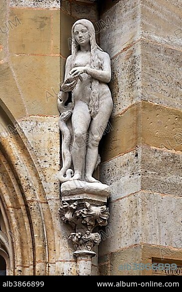 Eve with snake, sculpture at the St. James's Church, Rothenburg ob der Tauber, Middle Franconia, Bavaria, Germany, Europe.