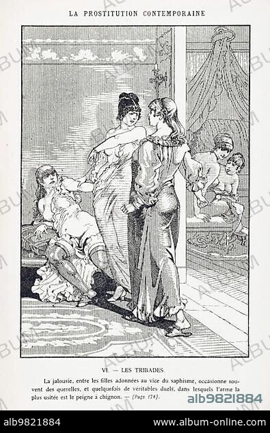 Prostitution; a lesbian brothel where two woman clashed out of jealousy; c. 1800; Historic; digitally restored reproduction from a 19th century original.