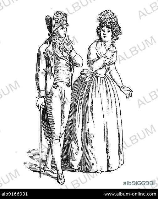 German costumes, gentleman and lady around 1785, two-piece hat a l Androsmane, history of fashion, traditional costume history, historical, digitally restored reproduction of a 19th century original, exact date unknown.