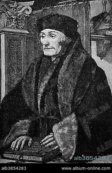 Desiderius Erasmus Roterodamus, also known as Erasmus of Rotterdam, about 1467 - 1536, an important Dutch scholar of European humanism, theologian, philosopher, philologist and author of numerous books, historic wood engraving, about 1897.