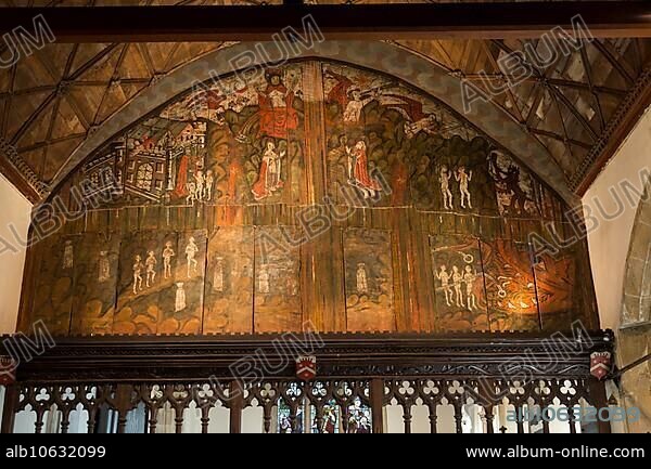 Doom painting on wooden panels at Saint James the Great church, Dauntsey, Wiltshire, England, UK.