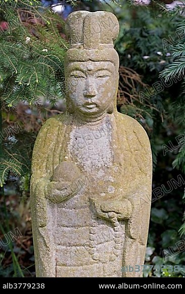 Statue in the Japanese Garden of the Bayer AG, Leverkusen, North Rhine-Westphalia, Germany, Europe.