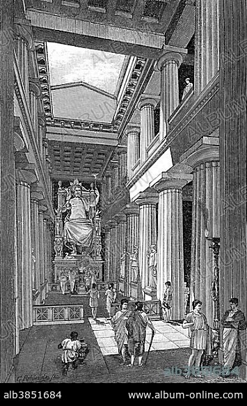 Reconstruction of Phidias' statue of Zeus at the Zeus Temple of Olympia, Interior, historical illustration.
