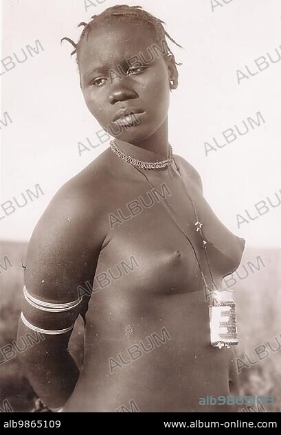 Nude woman from Africa, Ethiopia, after an Italian postcard from 1935, Historic, digitally restored reproduction from an original of that time, Africa.
