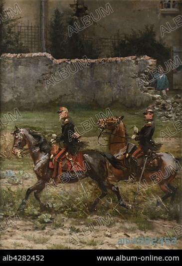 Edouard Detaille (1848-1912). French school. Le général d'Auvergne, chef d'état-major de la Garde impériale, accompagné du commandant Leperche, du corps d'état-major, lors de la bataille de Rezonville. Fragment du panorama de Rezonville.. French officers d'Auvergne and Leperche, Battle of Rezonville (France-Prussian war of 1870). Oil on canvas (215x157 cm). . Former Christopher Forbes collection. Private collection. After the franco-prussian war of 1870, Detaille went on the battlefields and designed huge panoramas relating the battles. Those were shown in France, Austria and Germany in the years 1883-1895 with great success. The Panorama of Rezonville was separated in many pieces and auctioned in Paris in 1986.