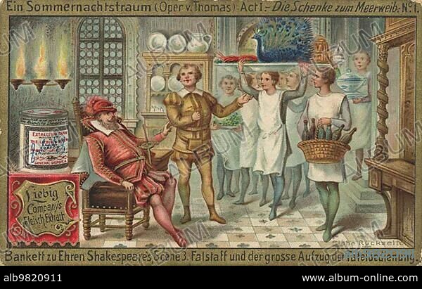 Banquet in Honour of Shakespeare; Scene 3; Falstaff and the Great Elevator of the Table Servers; digitally restored reproduction of a public domain collector's picture from ca 1900; Liebig picture series A Midsummer Night's Dream; Opera; (1893).