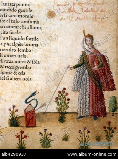 Francesco Petrarca. Depiction of Laura. "Questa fenice de laurata piuma al suo bel collo candido e gentile...". Canzoniere e Trionfi Manuscript (Book of Songs and Triumphs). Comments and illustrations by Antonio Grifo. Published in Venice by Vindelino da Spira.. Folio 61, front. Queriniana Library, Brescia. Francesco Petrarca (Arezzo, 20th July 1304 - Arquà, 19th July 1374) . Queriniana Library inventory number: GV15.