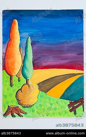Landscape, drawing, children's drawing, 12 years, Germany, Europe.