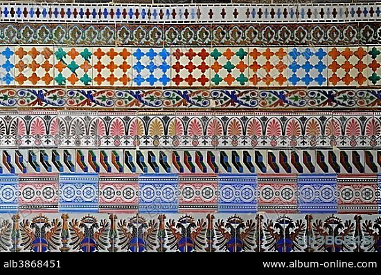 Old Spanish tiles, azulejos, Centro Andaluz de Arte Contemporaneo, La Cartuja, centre for contemporary art, museum, Seville, Andalusia, Spain, Europe.