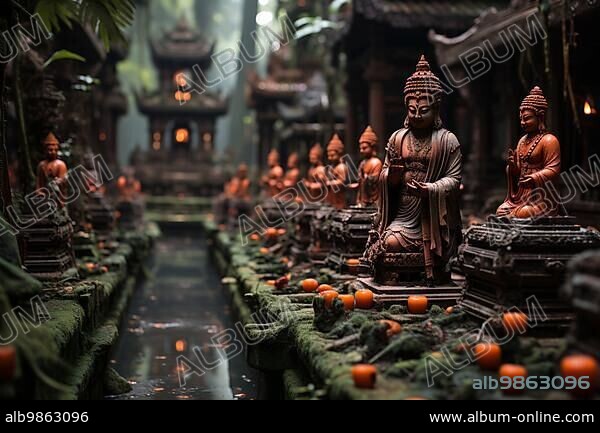 Buddha statues at a Buddhist temple in the rainforest, AI generated.