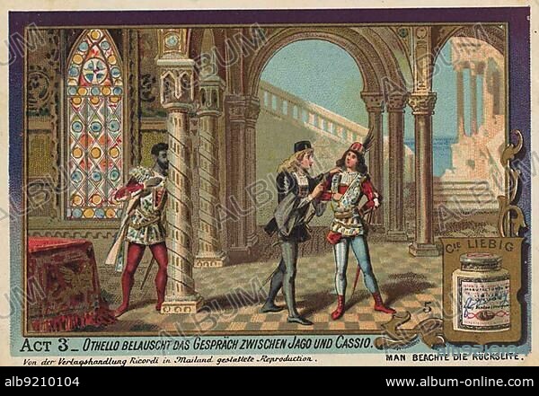 Picture series Othello, opera by Verdi, Act 2, Othello eavesdropping on the conversation between Iago and Cassio, digitally restored reproduction of a collectors picture from c. 1900.