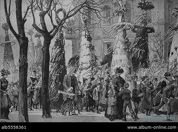 Der Sommertagszug in Heidelberg, Deutschland (1898), Brauchtumsfest in der Kurpfalz und in den angrenzenden Gebieten, Historisch, digitale Reproduktion einer Originalvorlage aus dem 19. Jahrhundert, Originaldatum nicht bekannt.