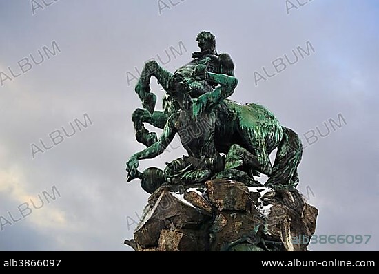 Centaur Fountain in winter, inaugurated in 1890, by sculptor Rudolf Maison, Bahnhofsplatz, Fuerth, Middle Franconia, Bavaria, Germany, Europe.