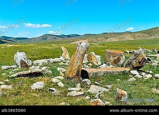 Ancient burial site with stag stones from the late Bronze Age, Khangai Nuruuu National Park, Oevoerkhangai Aimag, Mongolia, Asia.