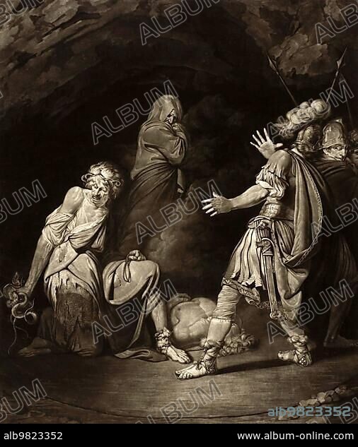Sextus Pompeius Magnus Pius (67 BC to 35 BC) in Miletus conferring with Erictho about the Battle of Pharsalos; the decisive battle during the Civil War of 49-45 BC; Historical; digitally restored reproduction from an 18th or 19th century original.