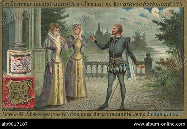 Shakespeare realises that the unknown lady is the queen; digitally restored reproduction of a public domain collector's picture from ca 1900; Liebig picture series A Midsummer Night's Dream; Opera; (1893).