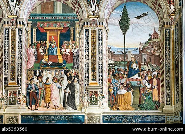 Pius II canonizes Catherine of Siena, left, Pius II comes to Ancona to start the crusade against the Turks, right, frescoes on the life of Cardinal Enea Silvio Piccolomini, later Pope Pius II, 1502-1507, painter Pinturicchio, Librer.