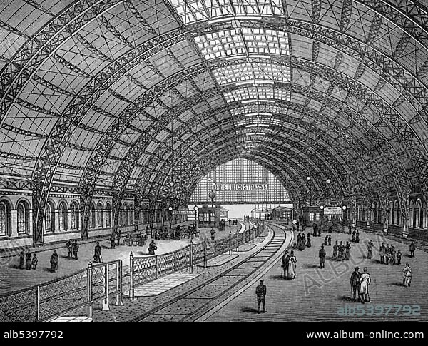 Roof construction of Bahnhof Friedrichstrasse station, Berlin, historical wood engraving, 1890.