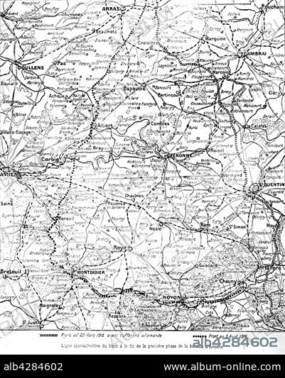 First World War. . Approximate front line at the end of the first phase of the Battle of Amiens.. The drawn to scale map indicates the line on 20th March 1918 and the dotted line indicates the front to 3 April 1918.