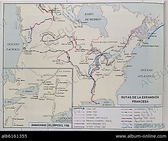 MAPA DE CANADA-RUTAS DE LA EXPANSION FRANCESA DESDE EL S XV AL XIX.