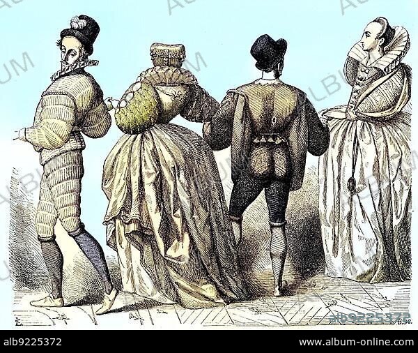 Fashion in 1584 in France, Men and Ladies, Historical, digitally restored reproduction of a 19th century original, exact date unknown.