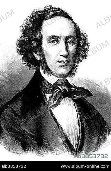Jakob Ludwig Felix Mendelssohn Bartholdy, 1809 - 1847, a German composer, pianist and organist, he is considered one of the greatest musicians of the Romantic period, historic wood engraving, about 1897.