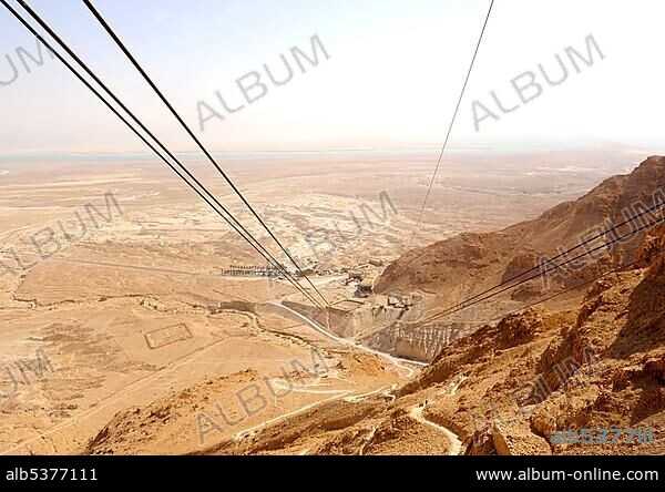 Cable car to the fortress of Masada, below the valley station and the serpentine path, Roman camp to the left, Masada National Park, Judea, Dead Sea, Israel, Middle East, Southwest Asia, Asia.