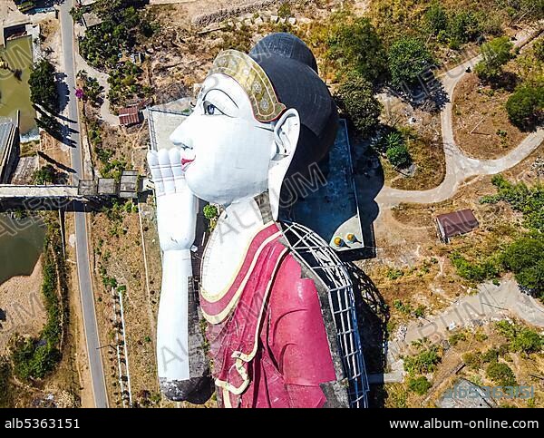 Aerial of a giant reclining buddha in Win Sein Taw Ya outside Mawlamyine, Mon state, Myanmar, Mudon, Mon State, Myanmar, Asia.