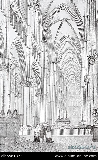 Innenraum der Kathedrale von Reims, Frankreich, unserer lieben Frau von Reims, Notre-Dame de Reims, 1888, Historisch, digital restaurierte Reproduktion einer Originalvorlage aus dem 19. Jahrhundert.
