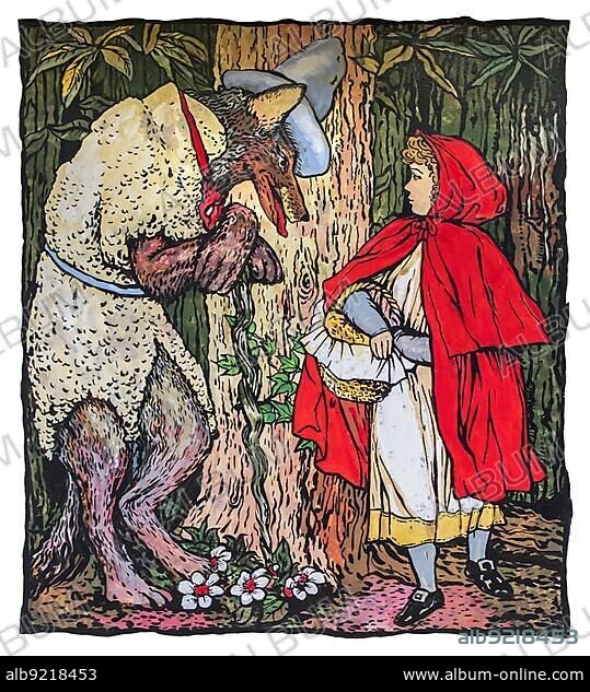 And she met a great Wolf in the wood., . showing Little Red Riding Hood, illustration in The Blue Beard Picture Book from 1879 by Walter Crane.