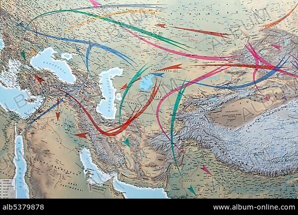 Turkish map of the migrations in the Near East, Military Museum, Askeri Mues, Osmanbey, Istanbul, Turkey, Asia.
