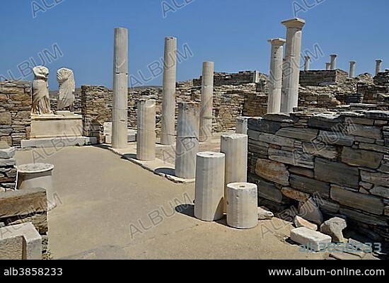 Ancient statues and columns, Cleopatra and Dioscorides, torsos with no heads, Delos island, UNESCO World Heritage Site, Mykonos, Cyclades, Greece, Europe.
