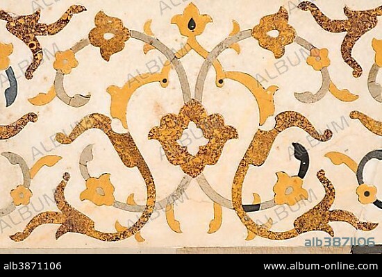 Intricate marble inlay of an Islamic mausoleum, tomb of Mirza Ghiyas Beg, Itimad-ud-Daula, Agra, Uttar Pradesh, India, Asia.