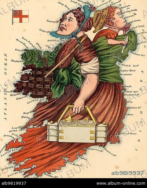 Personified map; c. 1880; Ireland; depicted with peasant women; Historical; digitally restored reproduction from a 19th century original; Europe.