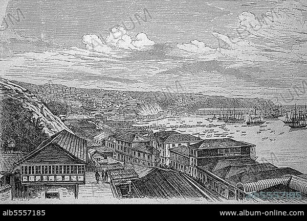 Valparaiso, eine Hafenstadt in Chile, um 1870, digital restaurierte Reproduktion einer Originalvorlage aus dem 19. Jahrhundert, genaues Originaldatum nicht bekannt.