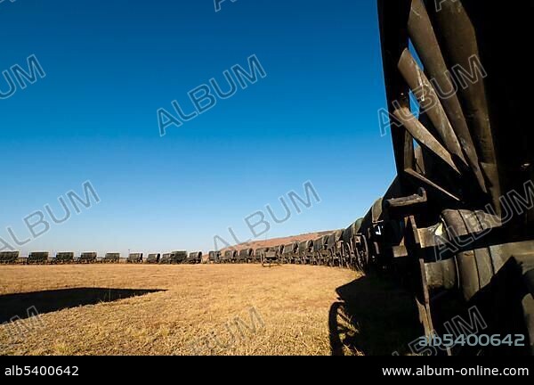 Monument of bronze covered wagons, Battle of Blood River, near Dundee, KwaZulu-Natal, South Africa, Africa.