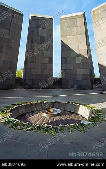Tsitsernakaberd, Armenian Genocide Memorial Complex with eternal flame, Yerevan, Caucasus, Armenia, Asia.