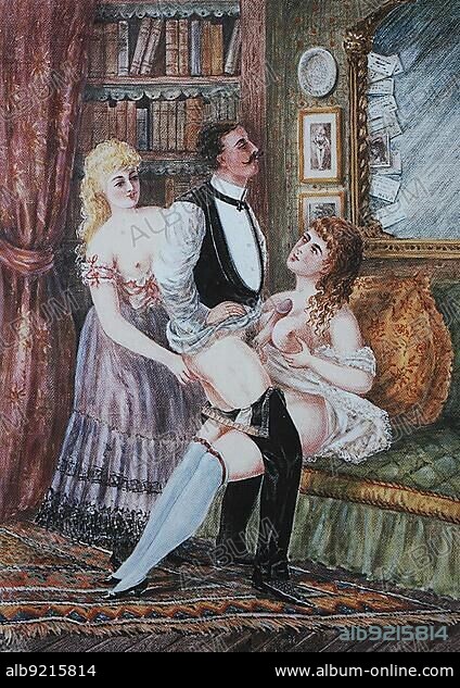 Erotic illustration from the Victorian period, around 1880, in England, Man having sex with two woman, Historical, digitally restored reproduction of an original 19th century artwork, exact original date unknown.