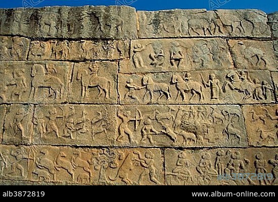 Hunting scenes, relief, Mahanavami Dibba, Royal Enclosure, Hampi, Vijayanagar, Karnataka, South India, India, Asia.