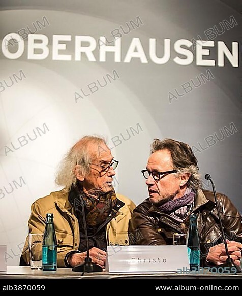 The artist Christo, left, with project manager Wolfgang Volz, press conference at the opening of the exhibition of the Christo-installation "Big Air Package" in the Gasometer Oberhausen, Oberhausen, North Rhine-Westphalia, Germany, Europe.