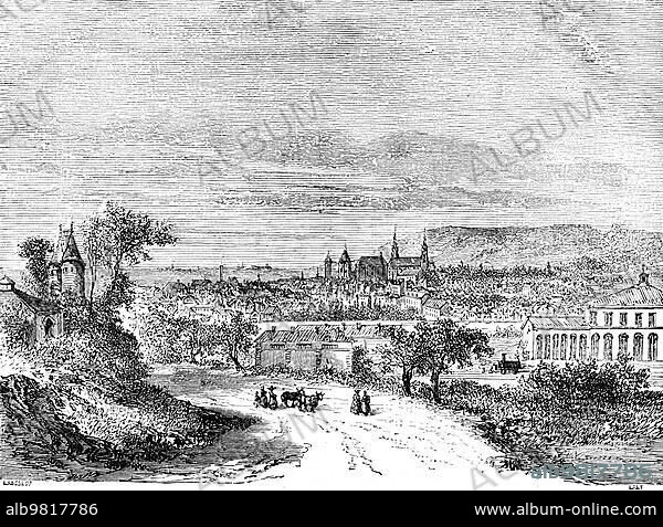 Town view Aachen; North Rhine-Westphalia; Germany; Le Rhin; Victor Hugo; historical illustration c. 1843; Europe.