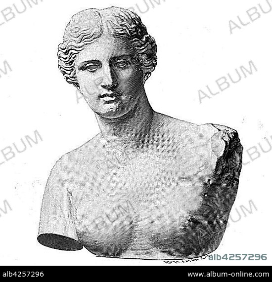 The Venus of Milo also Aphrodite of Melos, a half-naked statue of the goddess Aphrodite, 1880, woodcut, France, Europe.