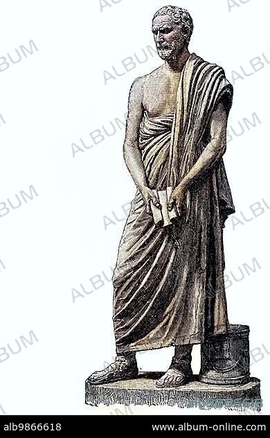 Demosthenes, 384 BC, 322 BC, was one of the most important Greek orators. After the Peace of Philocrates in 346 BC, he rose to become the leading statesman of Athens, the statue of Demosthenes in the Vatican, digital improved reproduction of an original 19th century print.