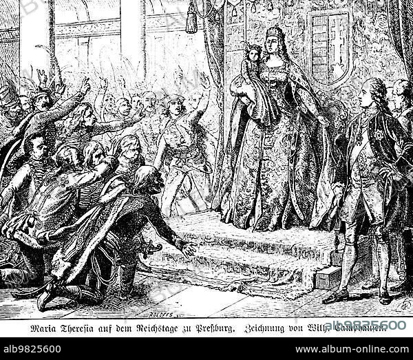 Maria Theresa; Imperial Diet of Bratislava 1741; Hungary; Slovakia; Austria; Kleinking; throne; Empress; speech; jubilation; following; nobility; 18th century; history; historical illustration 1894; Europe.