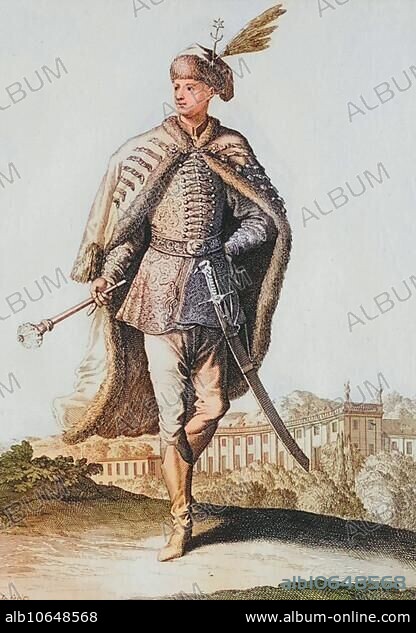 Traditional traditional costume, clothing, an elegant gentleman from Hungary with a sword, c. 1705, copperplate engraving by Caspar Luyken from 1703, digitally restored reproduction from an 18th century model.